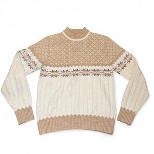 Vtg Jantzen Sweater Women’s Size M Tan Cream Fair Isle Cable Knit Made in USA